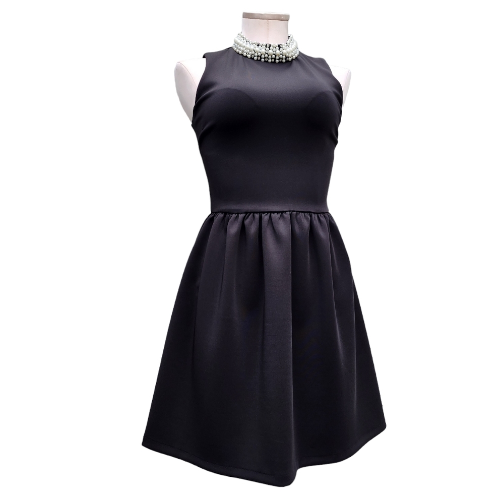 Black Formal Cocktail Mini Dress S Beaded Pearl Collar Detail EUC